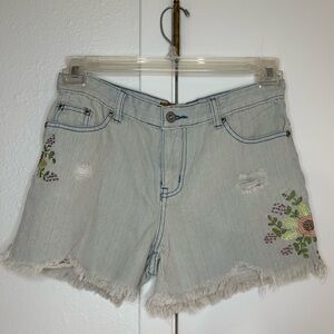 POL Graying blue Jean Shorts with Raw-Edge Hem floral embroidered size S NWOT